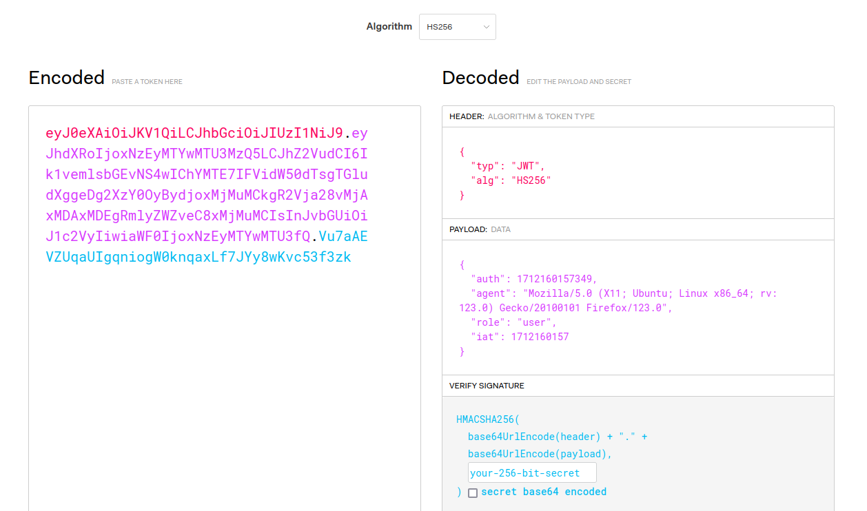 jwt.io showing the contents of the json web token
