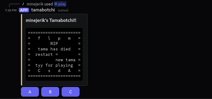 A screenshot from the Tamabotchi bot