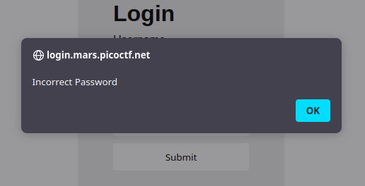 The login error screen