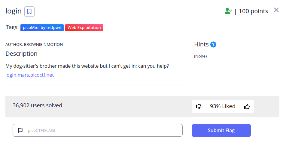 The Login entry in the PicoGym