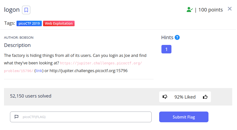 The Logon entry in the PicoGym